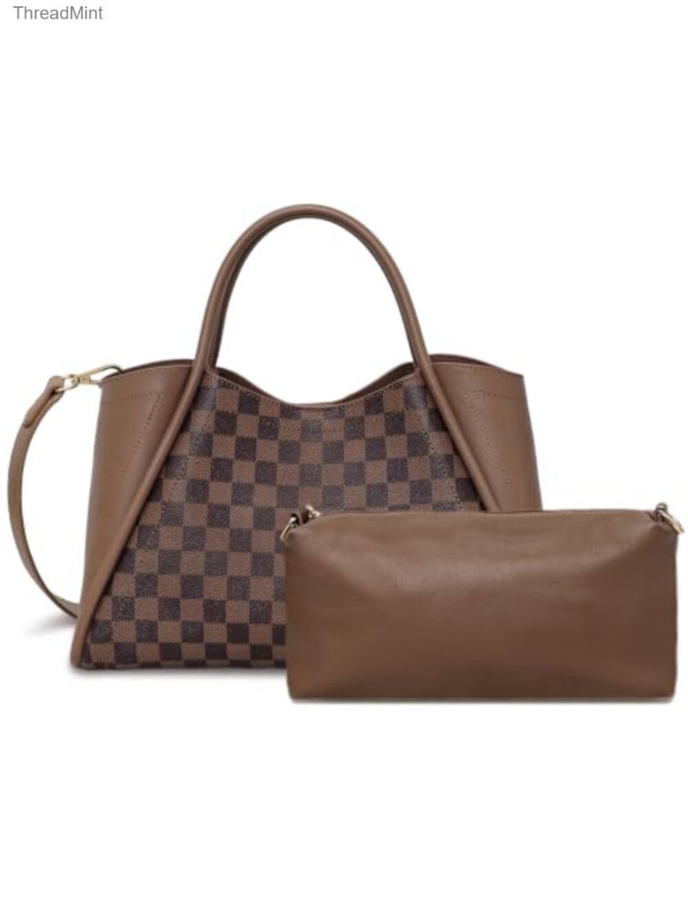 Faux Leather Checkered Satchel Handbag with Inner Pouch for Women Tablet Tote